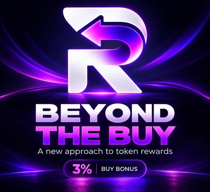 A purple promotional graphic reads “BEYOND THE BUY,” “A new approach to token rewards,” and “3% BUY BONUS” beneath a stylized metallic logo.