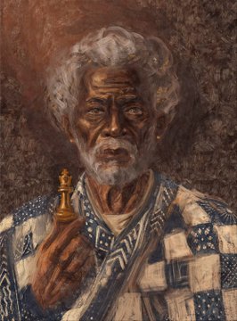 The image is a richly detailed portrait of an elderly Black man with white hair and a beard, wearing a patterned white and blue garment and holding a small golden chess king piece, embodying the regal "Grandmaster" theme. It visually ties to the post by representing the figurative and literal "grandmaster" of the collection, with the chess piece symbolizing the chess-focused charity initiative benefiting Chess in Slums.