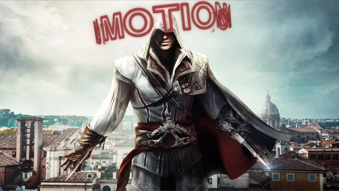 Promotional artwork for Assassin's Creed features the word "IMOTION" written in red across the top above a hooded character in white robes standing on a rooftop.