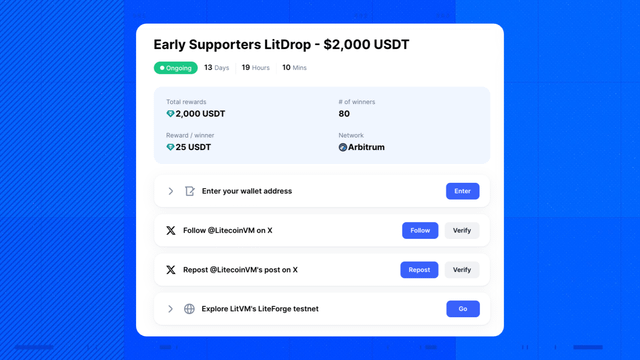 An 'Early Supporters LitDrop' campaign offering 2,000 USDT total rewards across 80 winners on the Arbitrum network, with tasks to follow and repost LitVM on X and explore the LitForge testnet.
