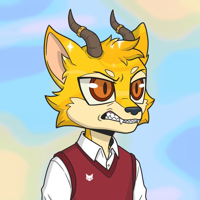 An illustrated cartoon character with yellow fur, goat-like horns, and large orange eyes wearing a white shirt and maroon vest with a small white logo.