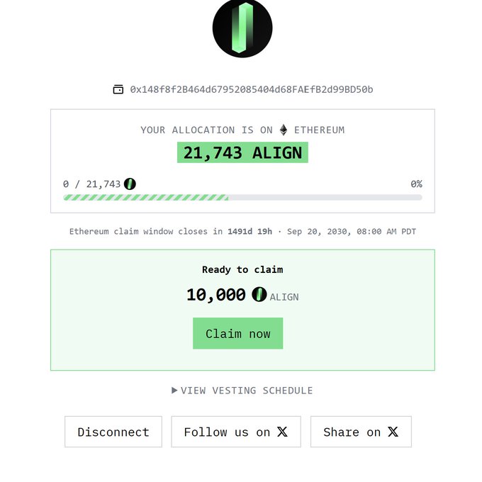 A screenshot of the ALIGN token airdrop claim portal showing a 21,743 ALIGN allocation on Ethereum with 10,000 ALIGN ready to claim, but with a claim window countdown of 1,491 days (until September 20, 2030). The lengthy wait time for the claim window to open ironically illustrates the poster's years-long anticipation of this airdrop since 2022.