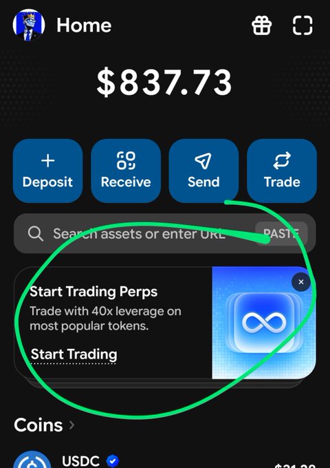 A screenshot of a crypto wallet app home screen showing a balance of $837.73, with a green circle highlighting a new "Start Trading Perps" promotional banner offering 40x leverage on popular tokens, confirming the post's announcement that in-app perpetual trading is now available on Base app.