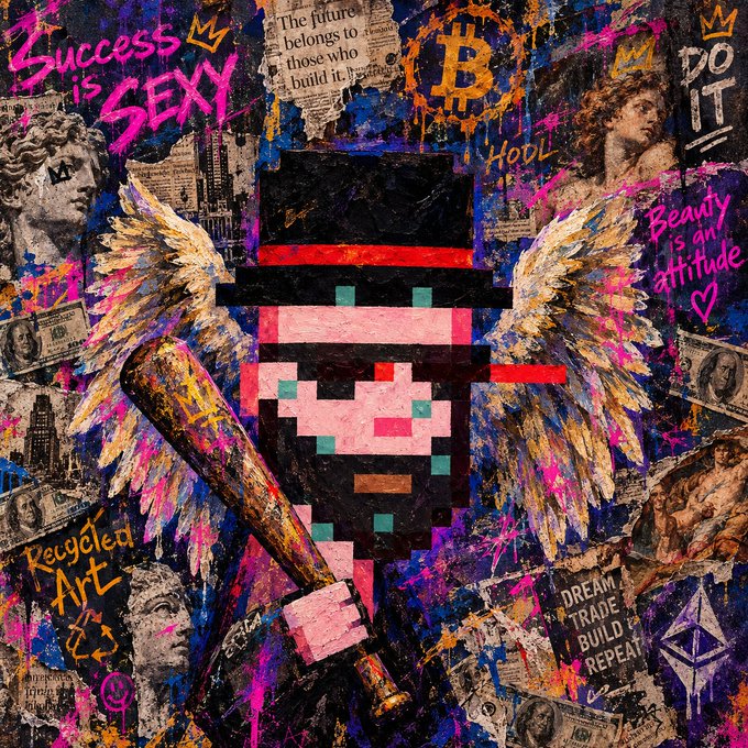 A vibrant mixed-media collage artwork featuring a central pixelated character with angel wings, a baseball bat, and text including 'Success is SEXY', 'Beauty is an attitude', 'DO IT', 'HOOL', 'Recycled Art', 'DREAM TRADE BUILD REPEAT', and a Bitcoin logo.