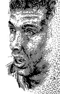 A stylized black-and-white stippled/dotted portrait illustration of a man's face.