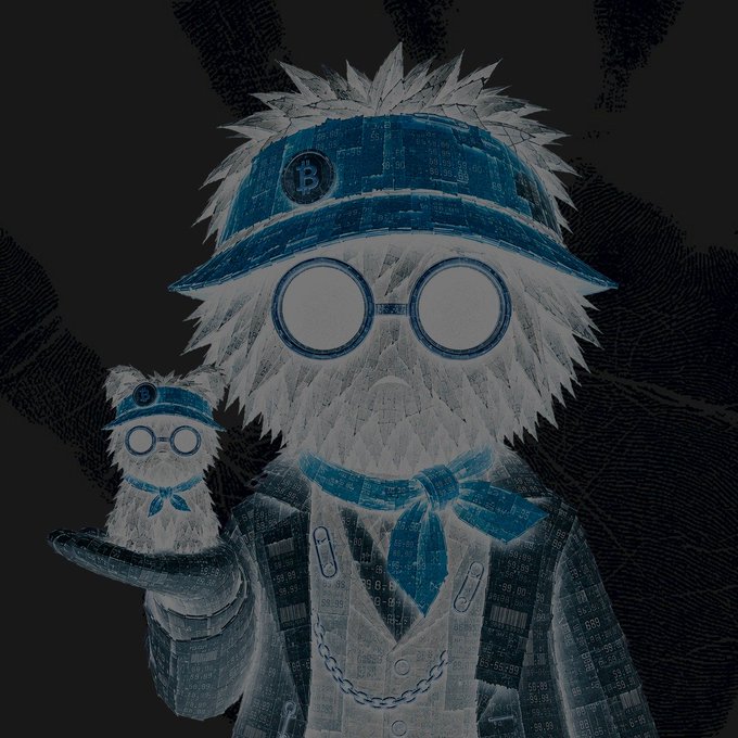 A stylized owl character wearing a bucket hat marked with "B," round glasses, a blue bow tie, and a chain necklace holds a smaller matching owl figure in its palm; the entire image is rendered in a blue-toned, code/matrix aesthetic that ties into the giveaway for @brokeb00kies, with the "B" likely representing the brand being promoted.