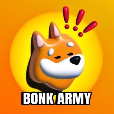 BONK ARMY logo featuring a 3D-rendered orange and white Shiba Inu dog character with red exclamation marks above its head on an orange background.