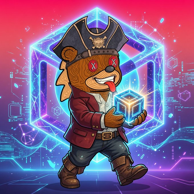 A digital illustration of a bear dressed as a pirate in a red coat, holding a glowing cube, set against a vibrant neon geometric background.