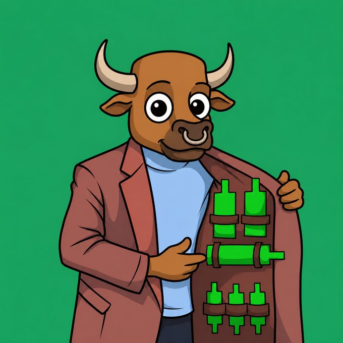 Cartoon illustration of a brown bull character wearing a brown coat with a hidden arsenal of green guns strapped to the inside lining, set against a green background.