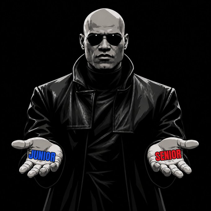The image depicts a figure in a black trench coat and sunglasses, reminiscent of Morpheus from The Matrix, holding out both hands—one displaying "JUNIOR" in blue and the other "SENIOR" in red—visually representing the two different tranches of a Mezzanine vault. This complements the post by illustrating the choice between junior and senior tranches, where junior holders seek higher yield at greater risk while senior holders prioritize protection against losses.