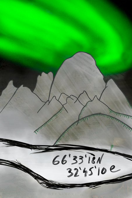 A simple line drawing of mountains beneath a glowing green aurora borealis, with handwritten coordinates '66°33'18N 32°45'10e' and a 'BELAMORE' watermark.