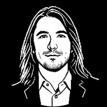 A black and white stylized line drawing portrait of a long-haired man with a beard on a black background.