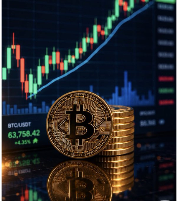 A stack of gold Bitcoin coins sits in front of a candlestick chart showing the BTC/USDT pair at 63,758.42, up +4.35%. The image reinforces the post's message about long-term thinking in crypto, with the rising chart symbolizing patient, sustained growth rather than short-term gains.