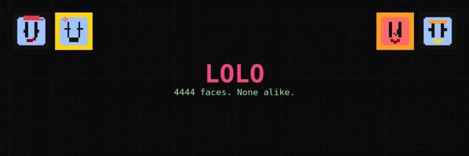 The image is a promotional banner for "LOLO," displaying the tagline "4444 faces. None alike." alongside four pixel-art face icons. It accompanies a tweet announcing a collaboration between RAIDERS and the NFT project @0xloloWTF.