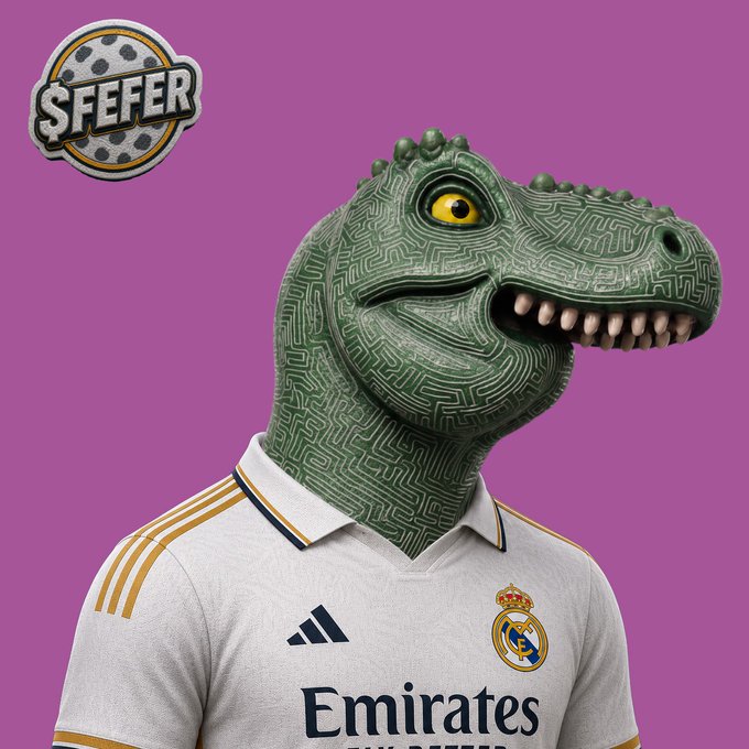 An artistic rendering of a person wearing a Real Madrid 'Emirates' soccer jersey, with their head replaced by a green dinosaur/reptile mask with circuit patterns, and a 'SFEfer' logo in the corner against a purple background.