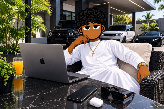 An animated character with curly hair sits outdoors at a marble table working on an Apple MacBook, wearing a gold cross necklace and watch, with luxury SUVs parked in the background.