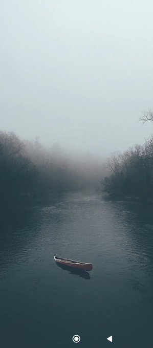 A lone red canoe drifts on a still, misty river surrounded by fog-covered trees, evoking a quiet, restful atmosphere that complements the "Good night crypto Twitter" farewell.