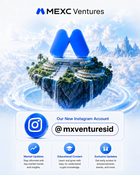 A promotional graphic for "MEXC Ventures" featuring a floating island with the MEXC logo, promoting their Instagram account "@mxventuresid" with market updates, educational content, and exclusive updates.