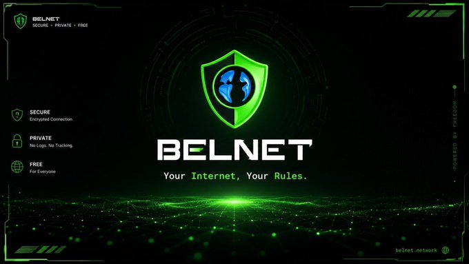 A promotional graphic for "BELNET" featuring a green shield with a globe, the tagline "Your Internet, Your Rules," and features listed as "SECURE Encrypted Connection," "PRIVATE No Logs, No Tracking," and "FREE For Everyone."