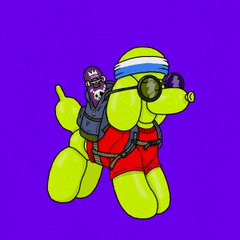 A cartoon illustration of a yellow bear-like character wearing swim trunks, sunglasses, and a swim cap, riding a small creature against a purple background.
