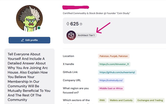 A user profile screenshot highlights an "Architect Tier 1" badge with a red arrow, showing 625 points, location in Pakistan/Punjab, and an X handle "@AIInvestor_11," celebrating receiving the Architect badge from Arc just before the TGE.