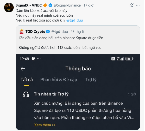 The image shows a Twitter screen where two messages are displayed. The first message is a tweet from someone named "Drama" with an image of themselves sharing their excitement about being listed on Binance Square at over 112 USDC, while they jokingly refer to the other user as "dare to bet on deleting the account". The second message appears to be a response or follow-up from the original poster. On Twitter, the tone can sometimes be playful and friendly, so it is likely that the two messages are related in some way. However, without more context provided by either party or an understanding of their relationship, it's difficult to determine with certainty whether they're engaging in a friendly interaction or simply sharing information about their Binance account status.