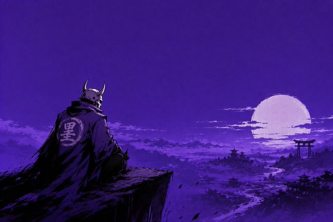 A stylized purple-toned illustration of a samurai or warrior with horns sitting on a cliff edge, overlooking a moonlit landscape with a torii gate and traditional buildings.
