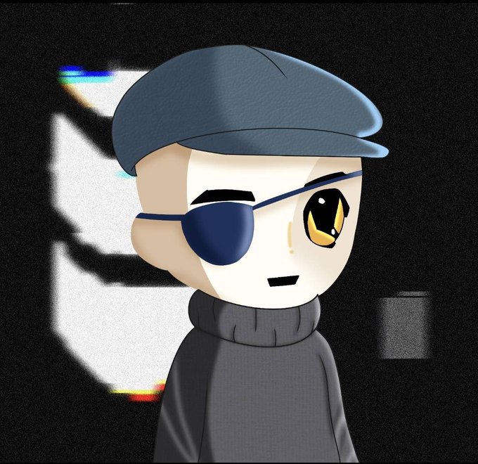 An anime-style character with a blue cap, an eye patch, and a black turtleneck stands against a dark background with a glitch-effect logo.