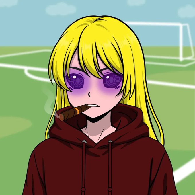 An anime-style illustration shows a blonde character in a maroon hoodie smoking a cigar, with purple digital eyes, set against a soccer field background.