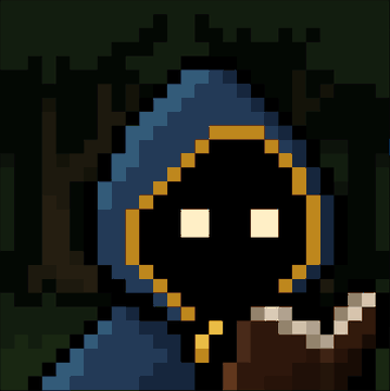 A low-resolution pixel art image showing a hooded figure in a blue cloak with glowing yellow eyes and face covering, set against a dark forest background.