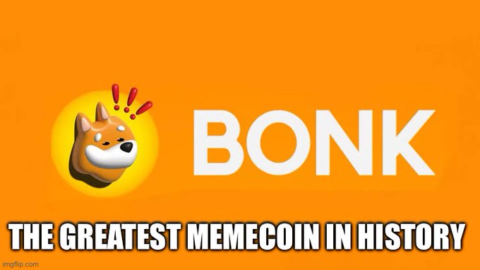 The image features a cheerful Shiba Inu dog emoji with exclamation marks, alongside bold white text reading "BONK" and the tagline "THE GREATEST MEMECOIN IN HISTORY" on an orange background—visually reinforcing the post's message about holding $BONK rather than selling too early on its potential rise to a 50B market cap.