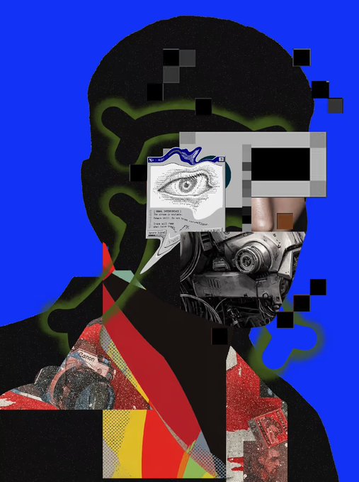 A surreal digital collage featuring a black silhouetted head against a blue background, with its face fragmented into pixelated blocks, an old Windows dialog box, an anatomical eye illustration, and a metallic mechanical jaw.