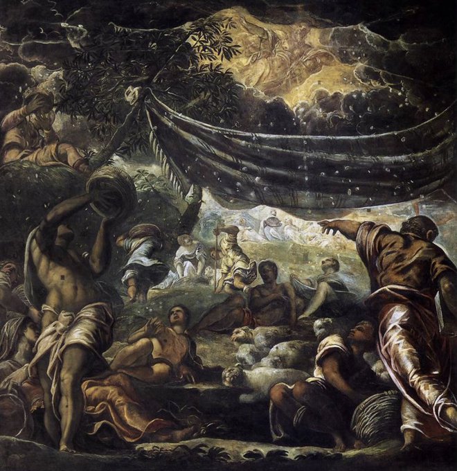 The image appears to be a classical painting depicting figures gathered beneath a billowing fabric canopy amid a stormy sky, evoking the biblical scene of manna gathering. It doesn't relate to the post, which announces the reset of 5-hour and weekly rate limits for all users—the painting's tempestuous weather and crowded scene contrast with the mundane notification of restored system access.