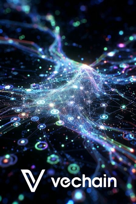 The image features a computer screen with a complex network of lines and dots that appear to be connected by blue and purple lights. The background of the image is black, which contrasts with the colorful lines and dots. The text "VeChain" is written in white at the bottom of the image, indicating it's related to the VeChain cryptocurrency.