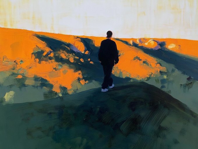 A lone figure in dark clothing stands atop a green hill overlooking a vibrant orange landscape under a pale sky, painted in expressive brushstrokes. The contemplative scene reflects the introspective mood of the artwork "Walk Away Renee," whose first edition has been collected, with 9 editions still available on objkt.com.