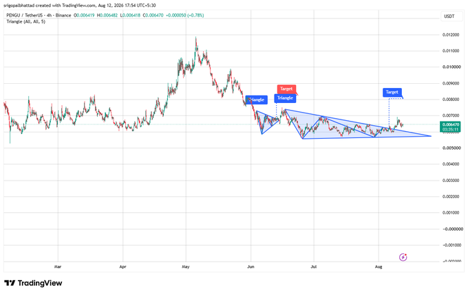 A TradingView 4-hour candlestick chart of PENGU/USDT on Binance shows price action with a descending triangle pattern, featuring blue annotations marking 'Transfer' entries, red 'Target 1' (0.008947), and blue 'Target 2' (0.009314) labels.