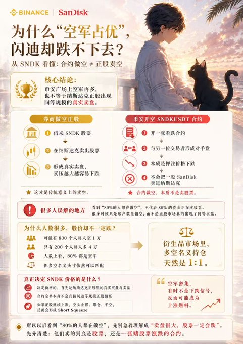 A Chinese-language infographic from Binance and SanDisk explaining futures contracts and short squeezes, titled '为什么空军占优，闪迪却跌不下去？' (Why are shorts dominant but SanDisk won't drop?).