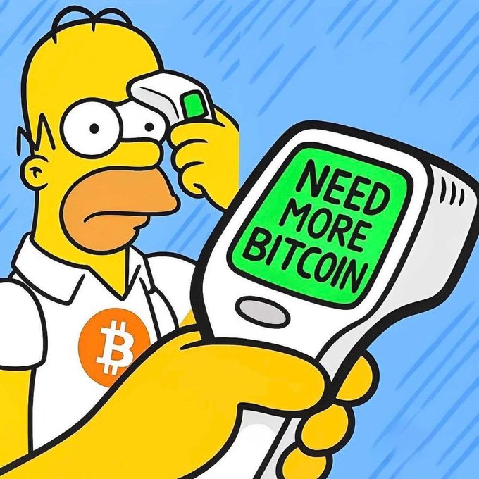 A cartoon image of Homer Simpson wearing a Bitcoin logo shirt, holding a temperature gun that reads 'NEED MORE BITCOIN' on its screen.
