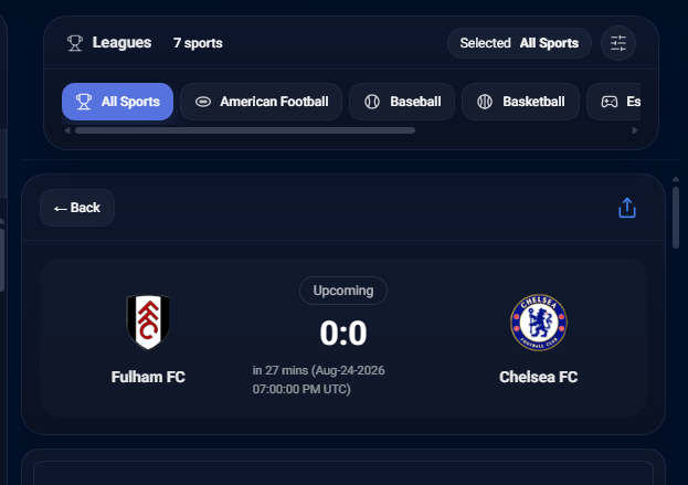 A sports app interface showing an upcoming match between Fulham FC and Chelsea FC with a 0:0 score, scheduled for 07:00:00 PM UTC in 27 mins (Aug-24-2026). The top navigation includes tabs for All Sports, American Football, Baseball, Basketball, and Esports.