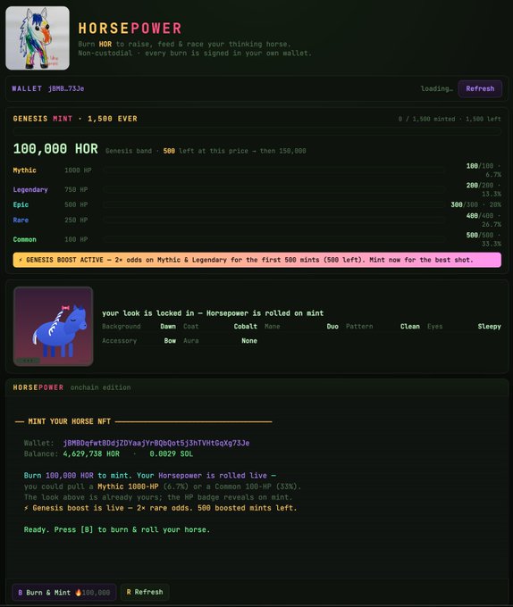 A screenshot of a "HORSEPOWER" NFT minting page showing a Genesis Mint with 100,000 HOR tokens, various rarity tiers (Mythic, Legendary, Epic, Rare, Common), and a blue horse NFT preview.