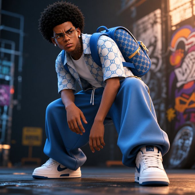 A digitally rendered image of a young person with an afro and glasses, wearing a Gucci-patterned shirt, blue baggy pants, white sneakers, and a blue backpack, crouching in front of a graffiti-covered wall.