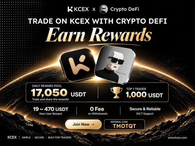 Promotional advertisement for KCEX exchange featuring 'Crypto DeFi', offering 'Earn Rewards' with a daily reward pool of 17,050 USDT, top 1 trader reward of 1,000 USDT, new user rewards of 19-470 USDT, zero withdrawal fees, and referral code 'TMOTQT'.