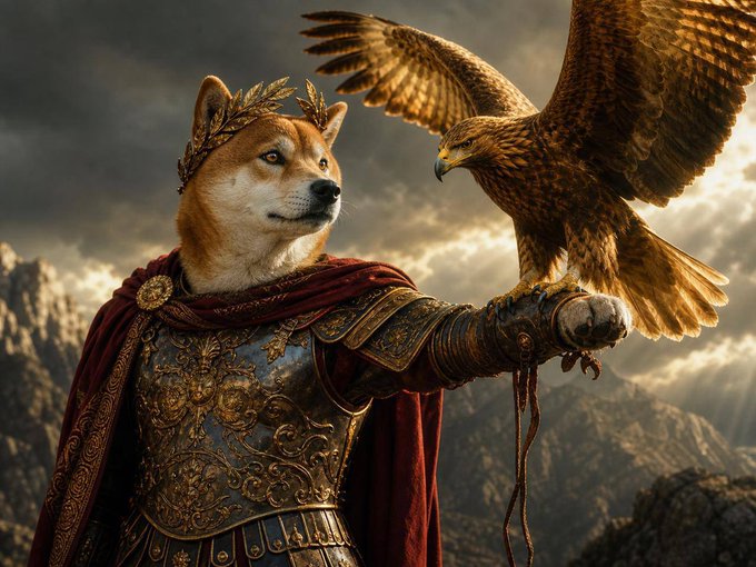 The image features a Shiba Inu dog dressed as a Roman soldier, holding an eagle aloft with its wings spread wide. The background of the image shows a mountainous landscape under cloudy skies. The caption at the bottom of the image reads "My messenger will reveal something big to world shortly".