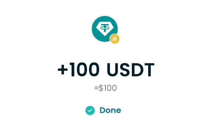 A digital confirmation screen showing "+100 USDT" with "≈$100" and a "Done" button, accompanied by a teal Tether (USDT) cryptocurrency logo.