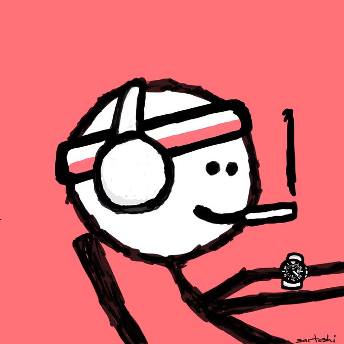 A simple cartoon drawing on a pink background depicts a white round character wearing a red headband and large white headphones, smoking a cigarette and wearing a wristwatch. The signature 'sartoshi' is visible in the bottom right corner.