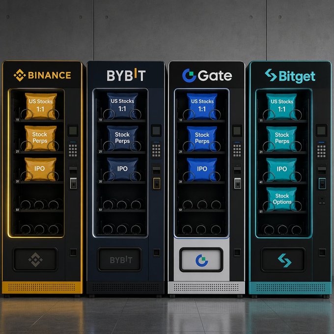 Four crypto exchange vending machines labeled Binance, BYBIT, Gate, and Bitget are stocked with bags labeled 'US Stocks 1:1', 'Stock Perps', 'IPO', and 'Stock Options'.