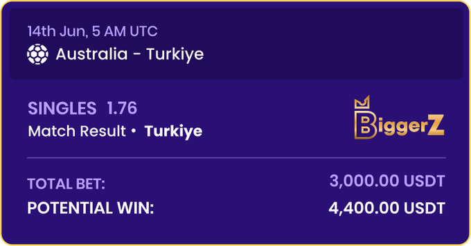 The image shows a purple background with white text displaying information about a tennis match between Australia and Turkey. The text indicates that Australia won the match, scoring 3K US dollars (3,000,000) against Turkey's 4M US dollars (4,000,000). The post also mentions that the player who lost the match is @biggerzofficial.