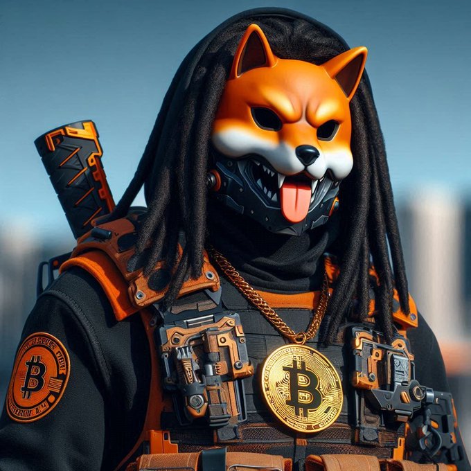 Digital artwork of a cyberpunk-style Shiba Inu character in tactical gear with dreadlocks, wearing a large gold Bitcoin pendant necklace against a city skyline.