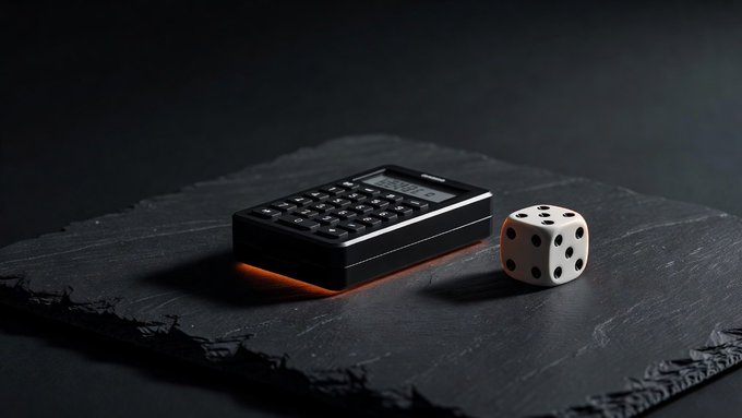 A vintage handheld calculator with a glowing orange base sits next to a white six-sided die on a dark, textured surface, evoking themes of calculation, chance, and decision-making. The image complements the thread's exploration of ColdCard's rise and fall as the dominant Bitcoin hardware wallet choice.