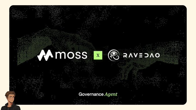 The image displays a partnership announcement between Moss and RaveDAO, featuring their logos separated by an "x" on a dark background with a subtle world map design. Below the logos, it reads "Governance Agent," highlighting the launch of RaveDAO's Governance Agent on the Moss Agent Marketplace, as mentioned in the post.
